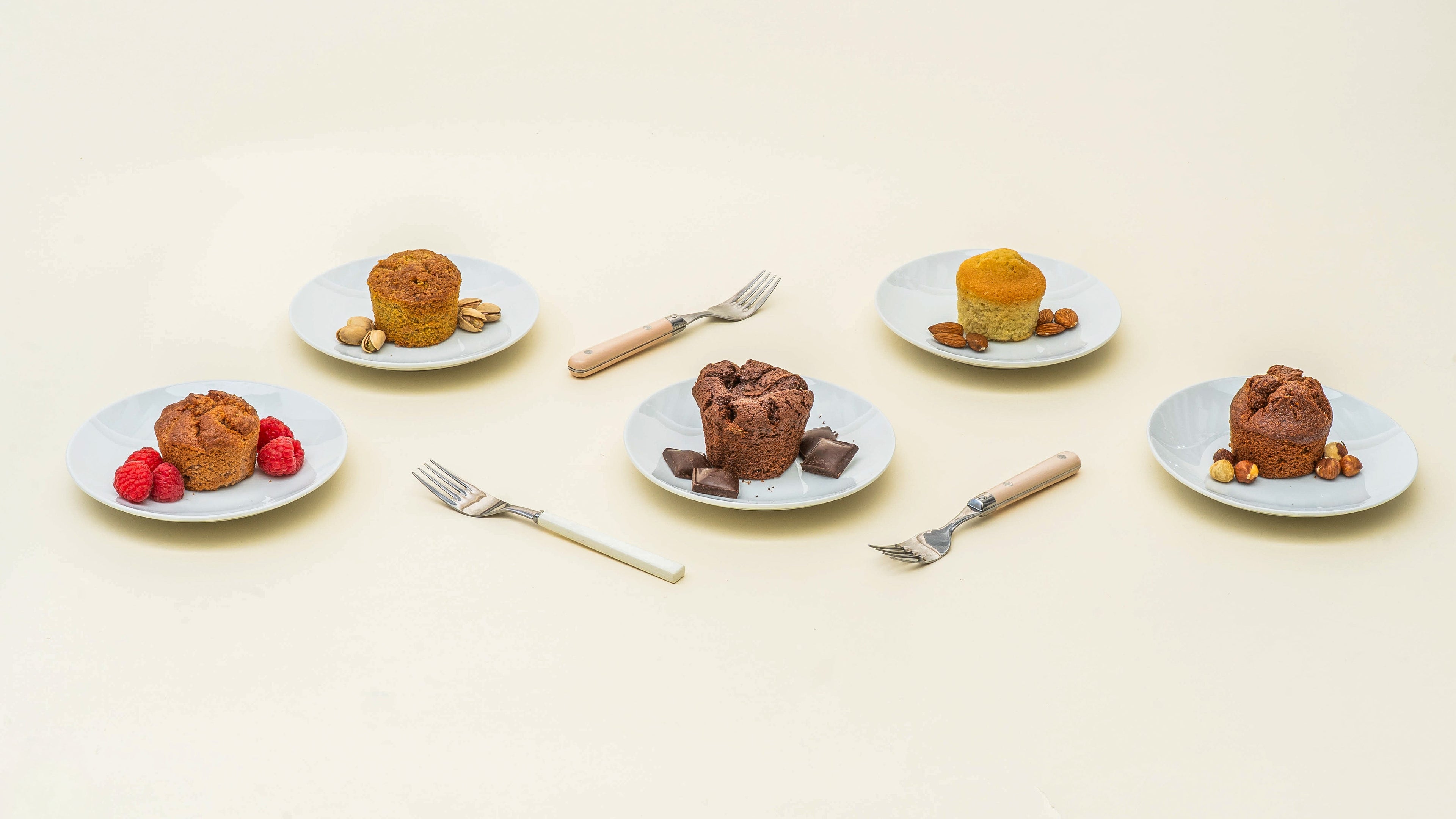 All Baby Cakes flavors, raspberry, pistachio, chocolate, almond, hazelnut on a white dessert place.